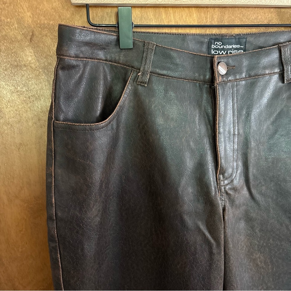 VINTAGE Chocolate Brown Patchwork Low Rise Faux Leather Flare Pants Y2K Goth 90s - Picture 7 of 16